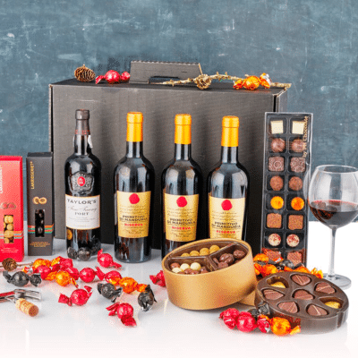 Julekurv i firmagave - med chokolade, rødvin og portvin